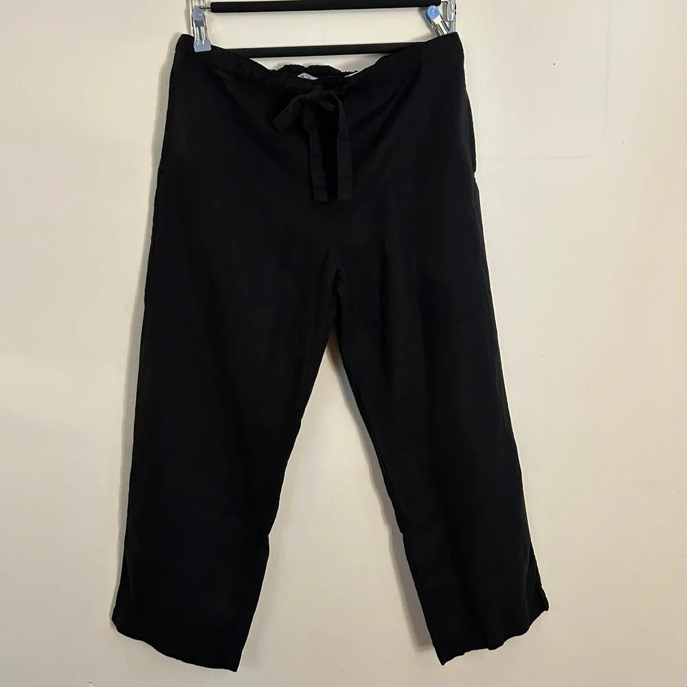 Zara Linen Blend Pants Elastic Waist Tie Crop Black M‎ Good
